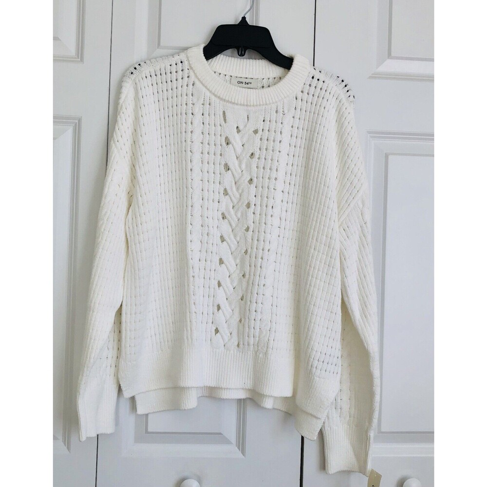 ON 34TH WOMEN'S SWEATER WHITE SIZE 1X PULLOVER CREW NECK LONG SLEEVE RIBBED CUFF